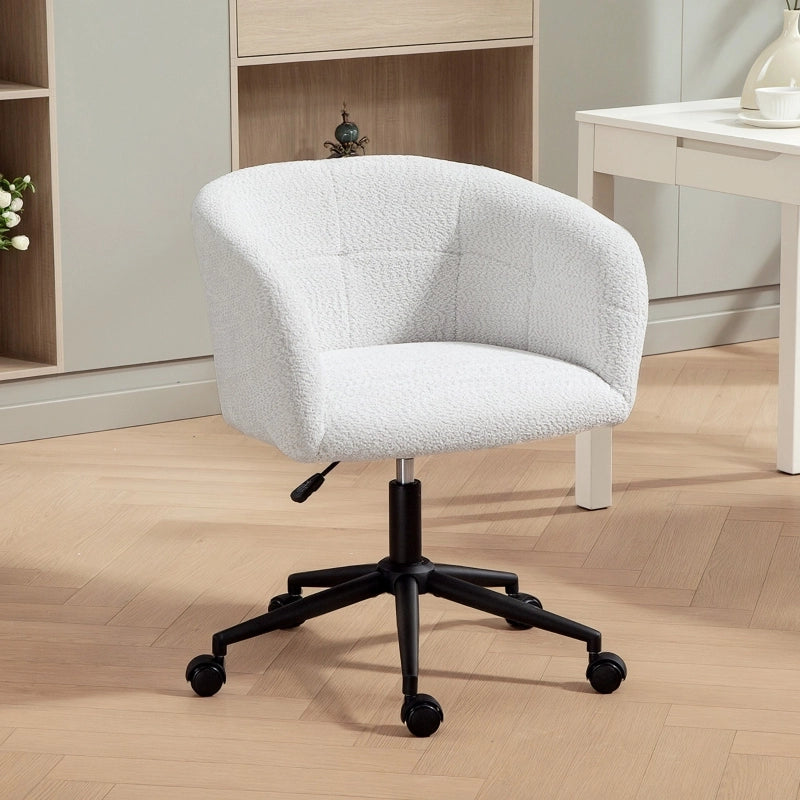 Sedia da ufficio imbottita con rivestimento in peluche, design a vasca, sedia da scrivania con ruote, base in acciaio, crema+nero