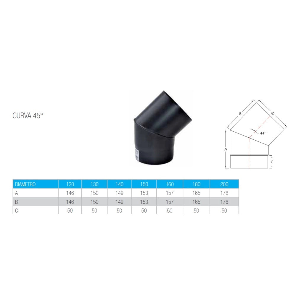 Curva a 45 gradi da 160mm per stufa a legna