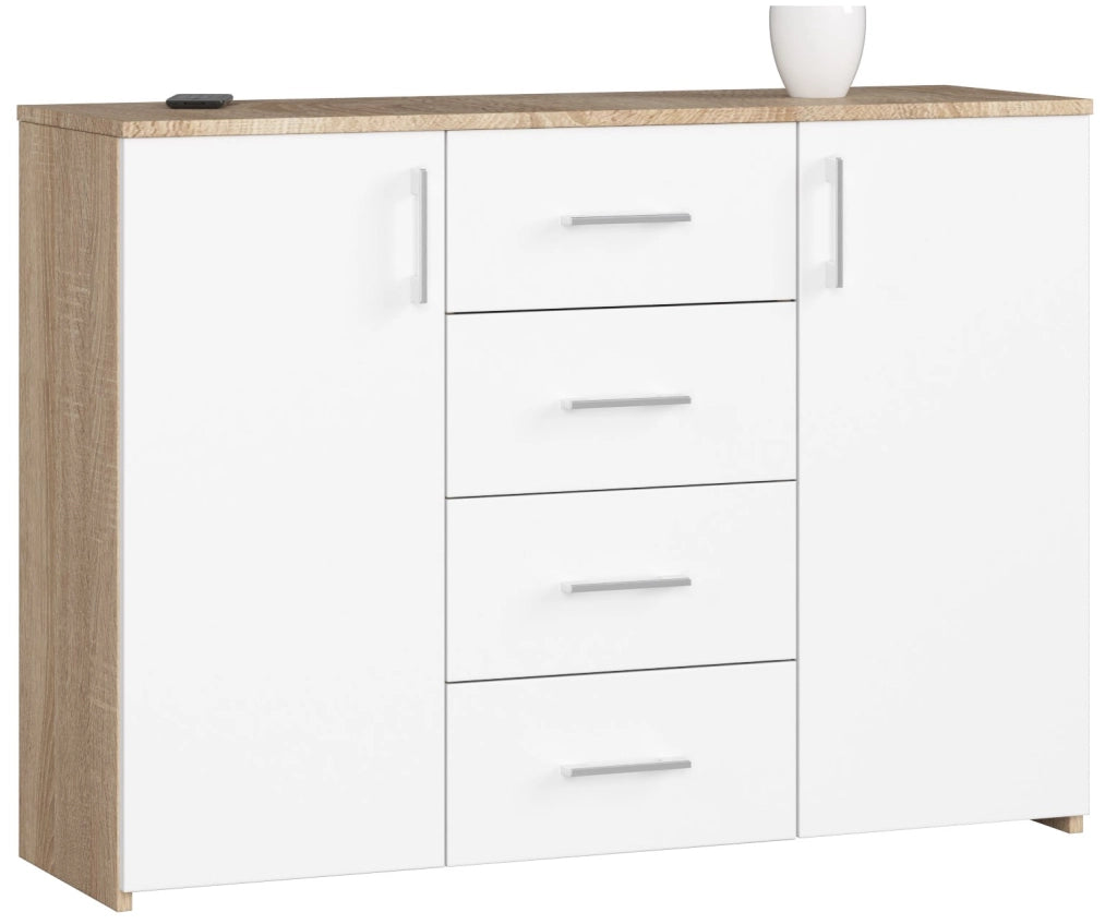 Cassettiera AKORD K45 Cassettiera Sonoma Quercia 110 cm 2 ante 4 cassetti inserto frontale Bianco 110x35x80 cm