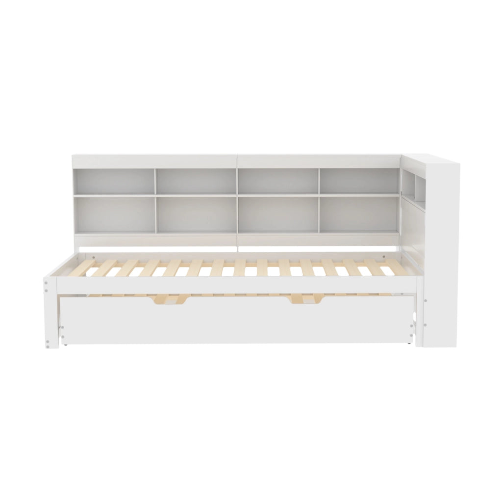 Letto singolo 90x200 cm con letto estraibile; USB e vani portaoggetti in legno