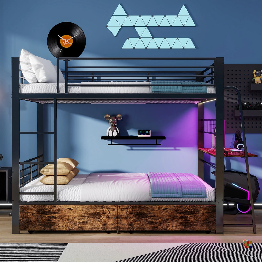 Letto a soppalco 140×200 cm con scrivania; LED regolabile; USB e Type-C; senza materasso; metallo; nero