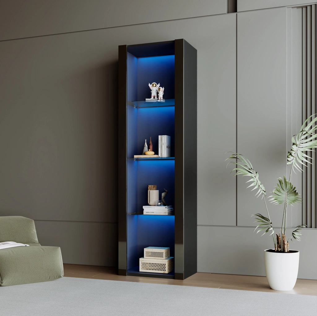 Vetrina 55x38x166 cm con illuminazione LED e 3 ripiani in vetro in pannello truciolare nero