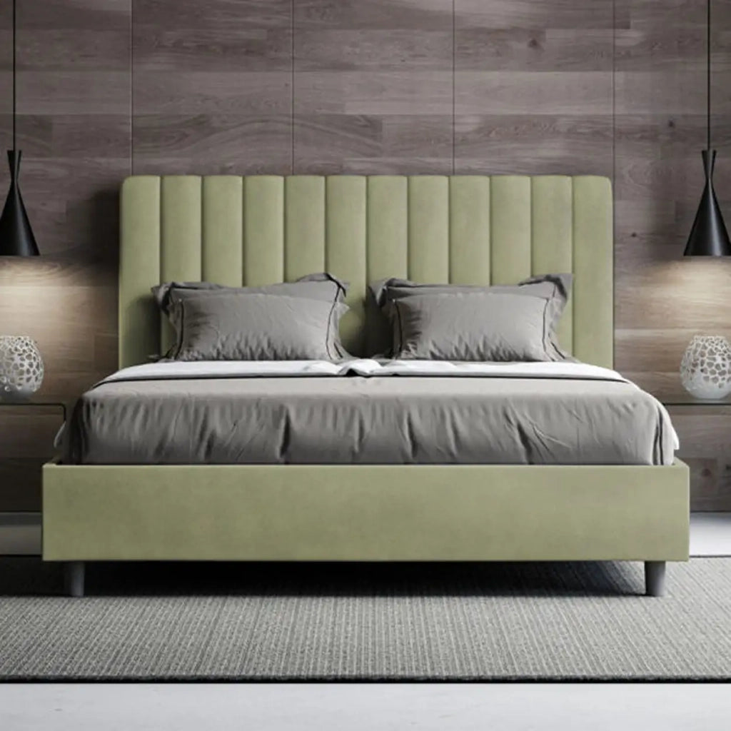 Letto matrimoniale contenitore imbottito 160x200 microfibra tè verde Agueda