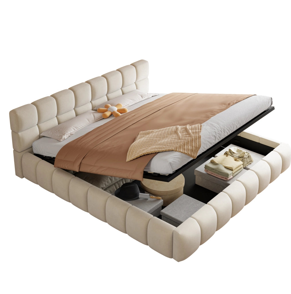 Letto imbottito 180x200 cm in velluto beige con LED e contenitore idraulico