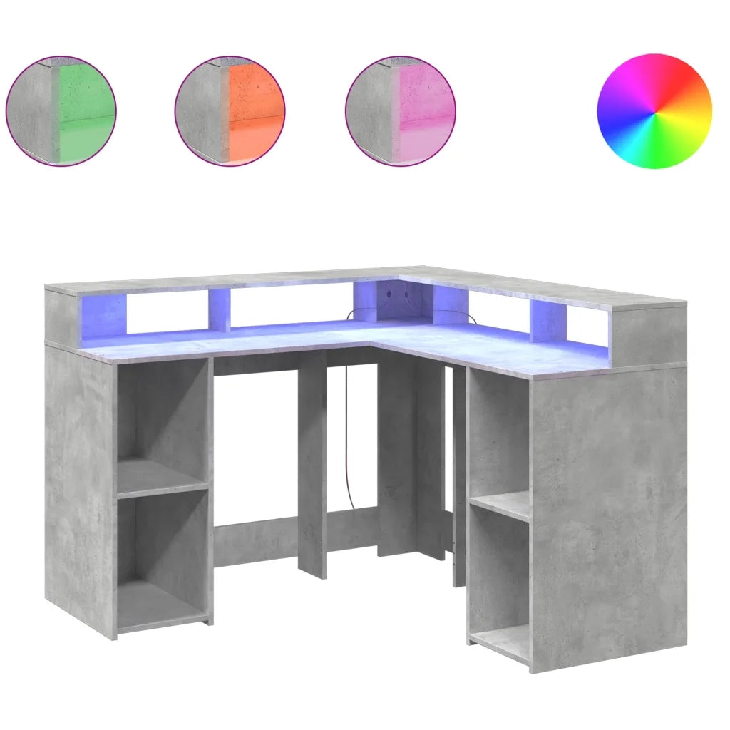 Scrivania | Tavolo da Ufficio con Luci LED Grigio Cemento 130x130x91 cm Multistrato