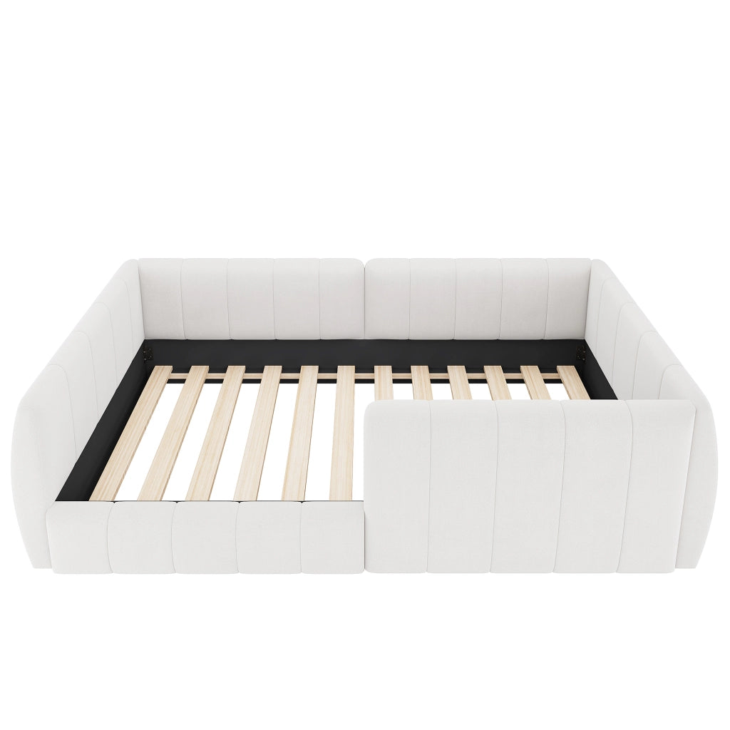 Letto singolo imbottito 90×200 cm con testiera e barriera di sicurezza; senza materasso; MDF e velluto; beige