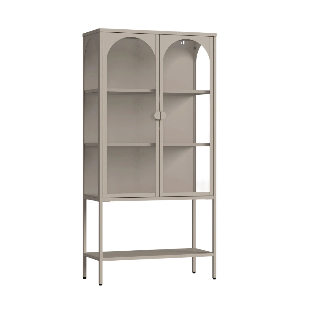 Vetrina Klippestad Credenza Alta a 2 Ante in Vetro e Ripiano Aperto 160 x 80 x 35 cm - Color Cammello [en.casa]