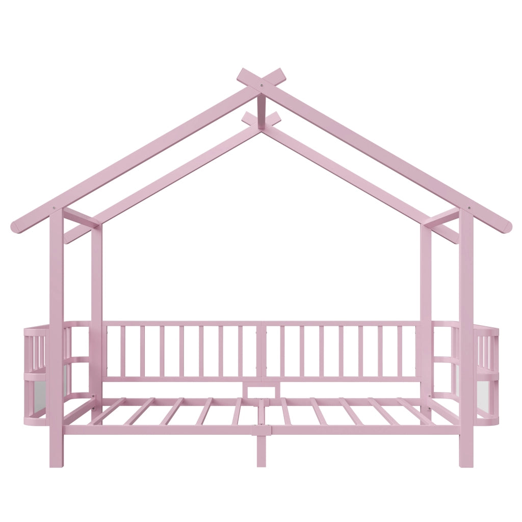 Letto casetta 90×200 cm; letto per bambini con barriera di sicurezza; struttura a tetto; senza materasso; metallo rosa