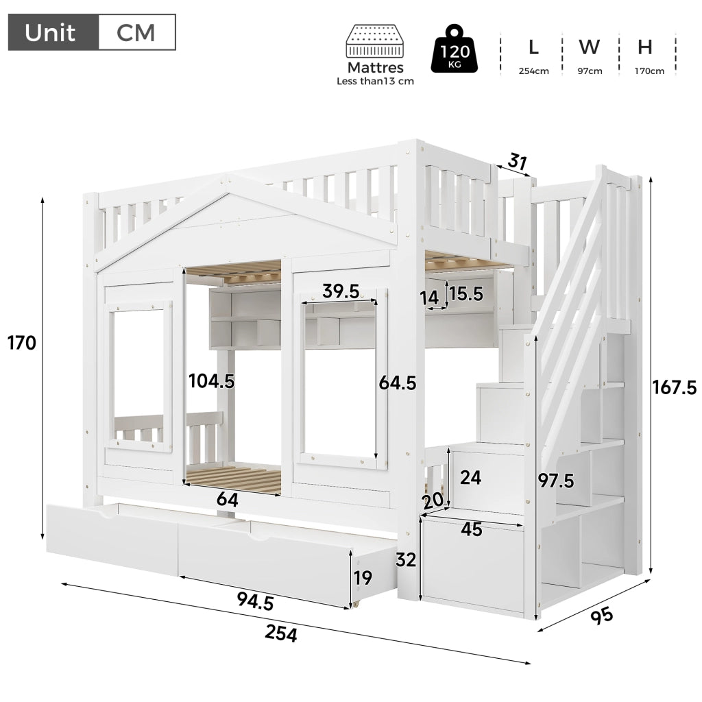 Letto a Casetta 90x200 cm; Letto Singolo - Scala contenitore; Cassetto; Ripiani - Bianco