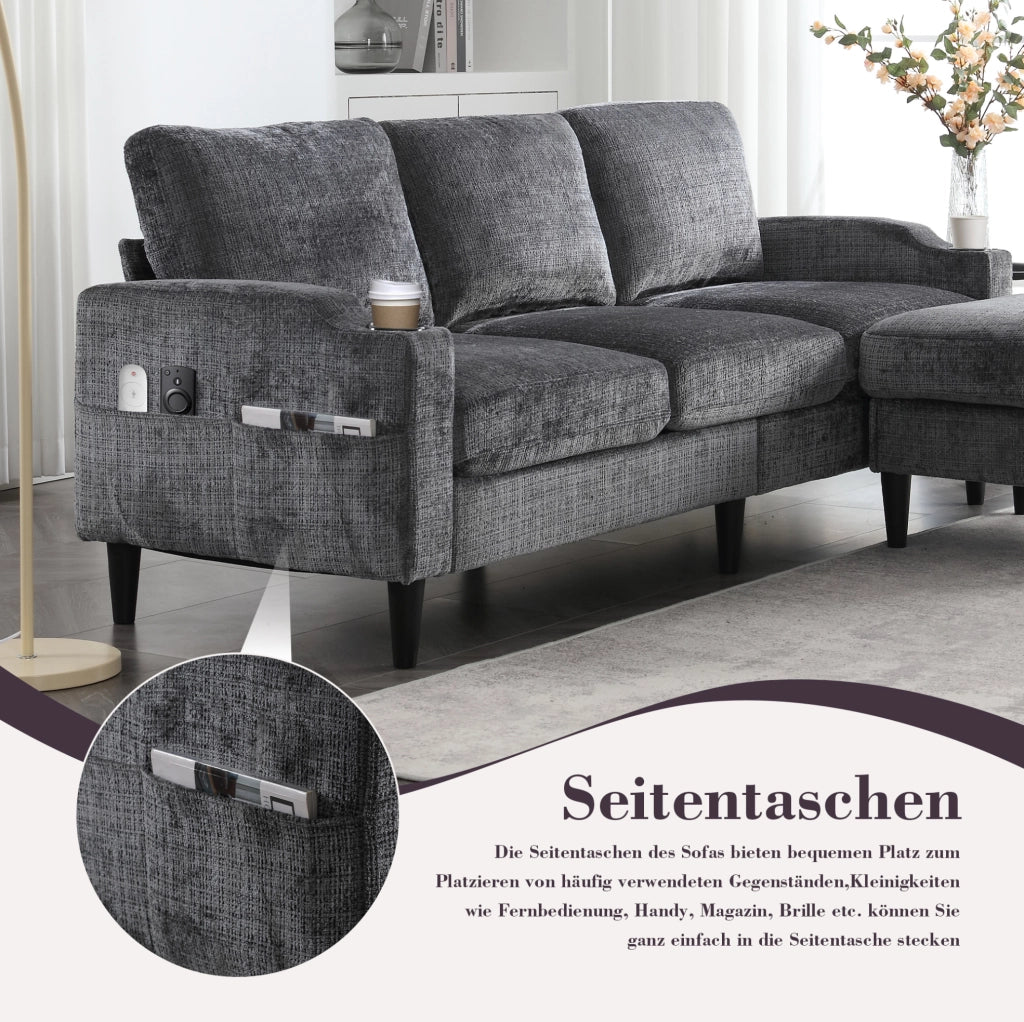 Divano 4 posti con pouf contenitore; rivestimento in chenille grigio; 196;5 cm