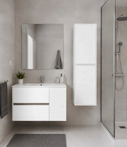 Mobile Bagno HEIMDALL Già Montato 2 cassetti e porta, lavabo e specchio Bianco lucido 80x45 cm con colonna