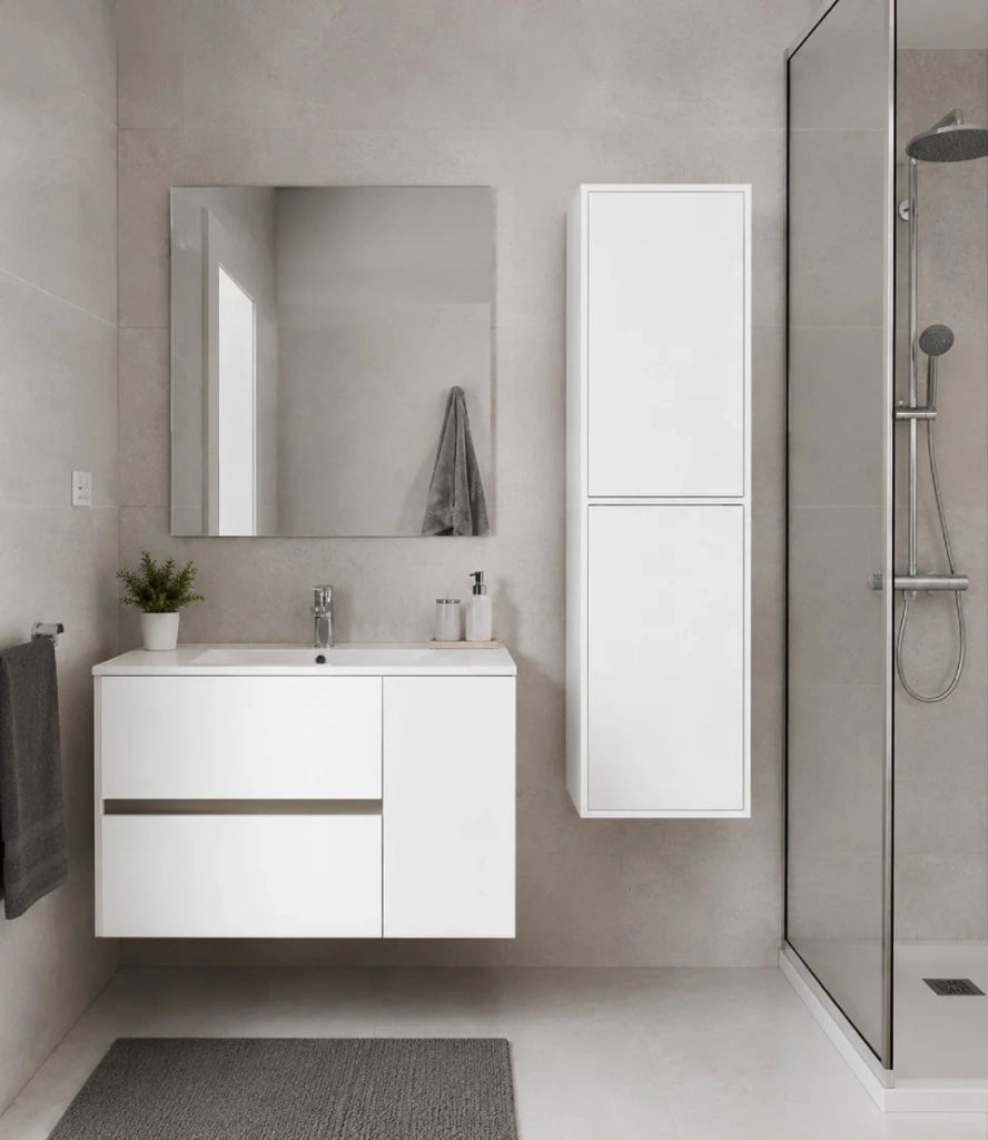 Mobile Bagno HEIMDALL Già Montato 2 cassetti e porta, lavabo e specchio Bianco lucido 80x45 cm con colonna