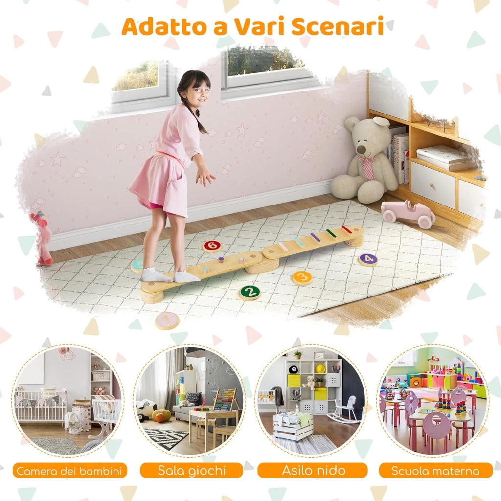 Trave di Equilibrio per Bambini, Giocattoli Montessori in Legno con Pietre di Passaggio, per Allenamento Sensoriale e Bilanciamento per Bambini 1 Anni+