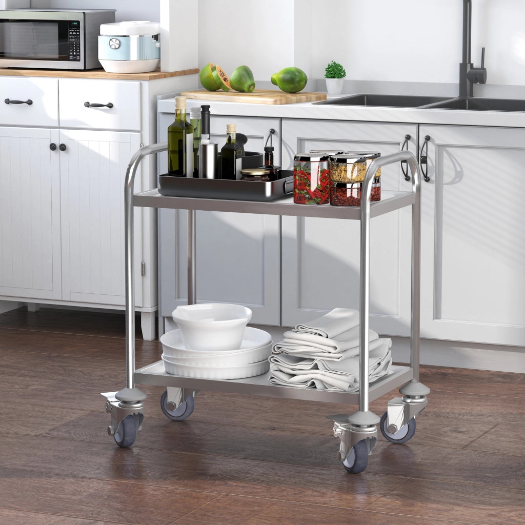 Carrello Cucina 2 Ripiani, Carrello con Ruote Portatutto, Carrello Portavivande in Acciaio Inox, 80x45x82cm, Argento