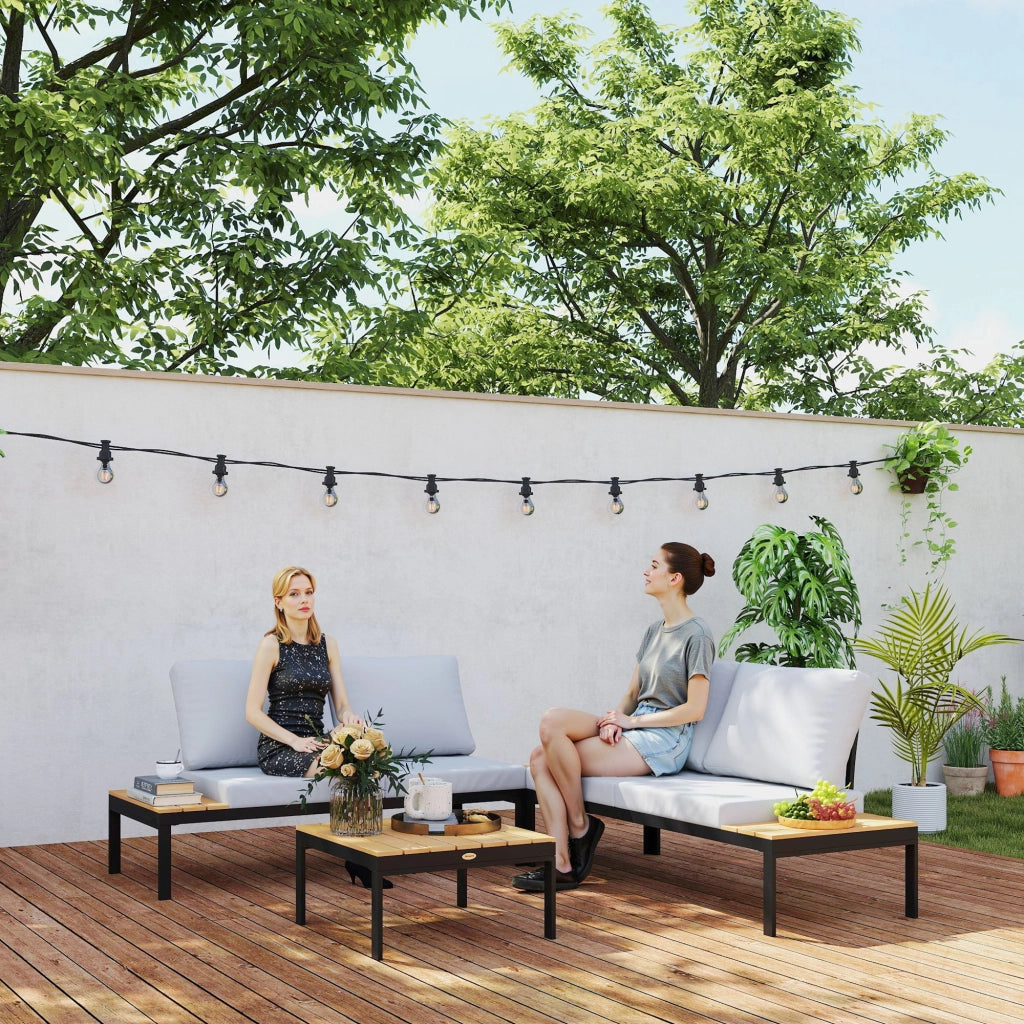 Set da Giardino 4 Pezzi con 2 Divanetti 2 Posti e 2 Tavolini in Metallo e Legno Composito, Grigio Nero e Teak