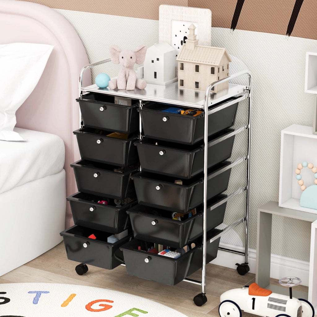 Carrello a 10 cassetti multiuso con ruote, Organizzatore per carta da scrapbooking e utensili da ufficio Nero