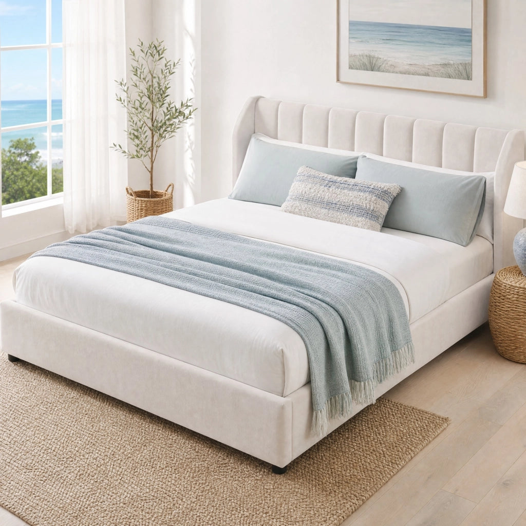 DESMIU Letto matrimoniale 180 × 200 cm 2 posti con testiera imbottita, 2 cuscini, senza materasso, beige