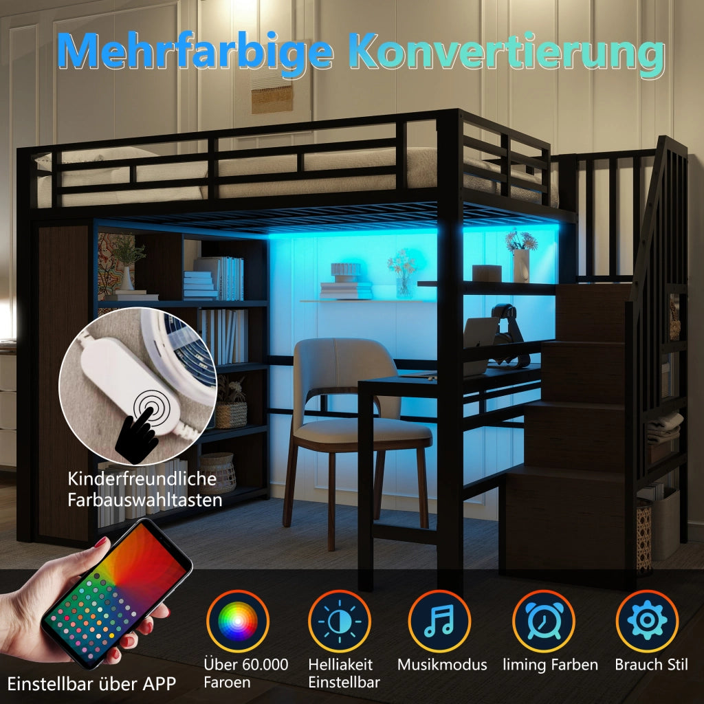 OKWISH Letto a soppalco 140×200 cm, Letto Matrimoniale con Scrivania, Mensole, LED Regolabile e Scale con Contenitore, senza Materasso, Nero