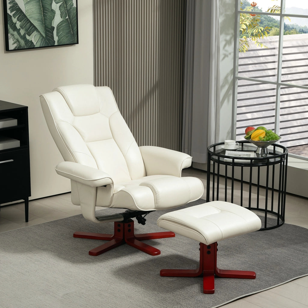 POLTRONA Relax con sgabello 84x84x104 cm Pelle rigenerata Bianco crema Set 2 pezzi