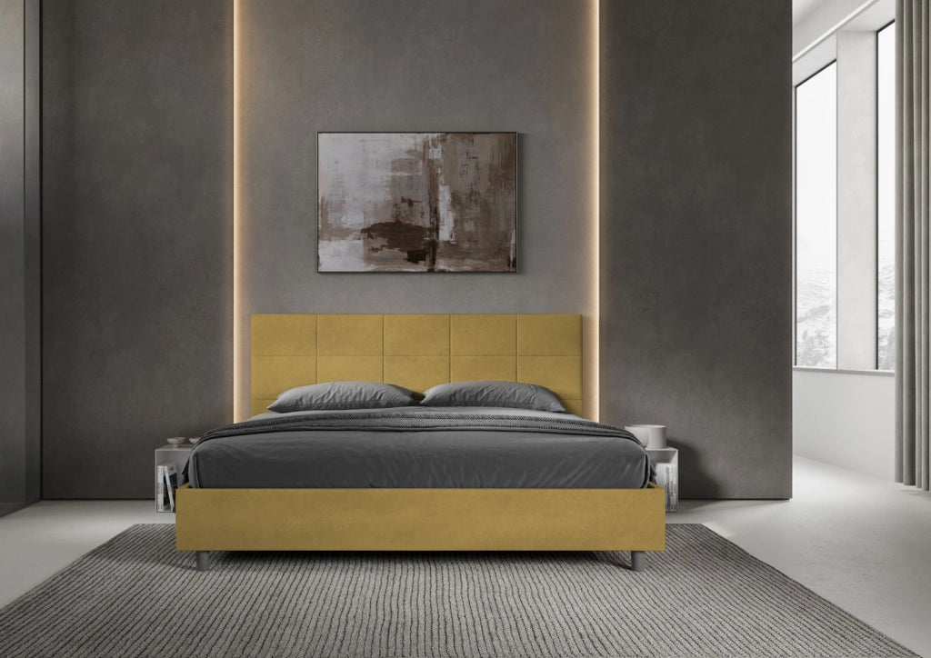 BS COM Letto matrimoniale king size contenitore imbottito 190x210 microfibra ocra