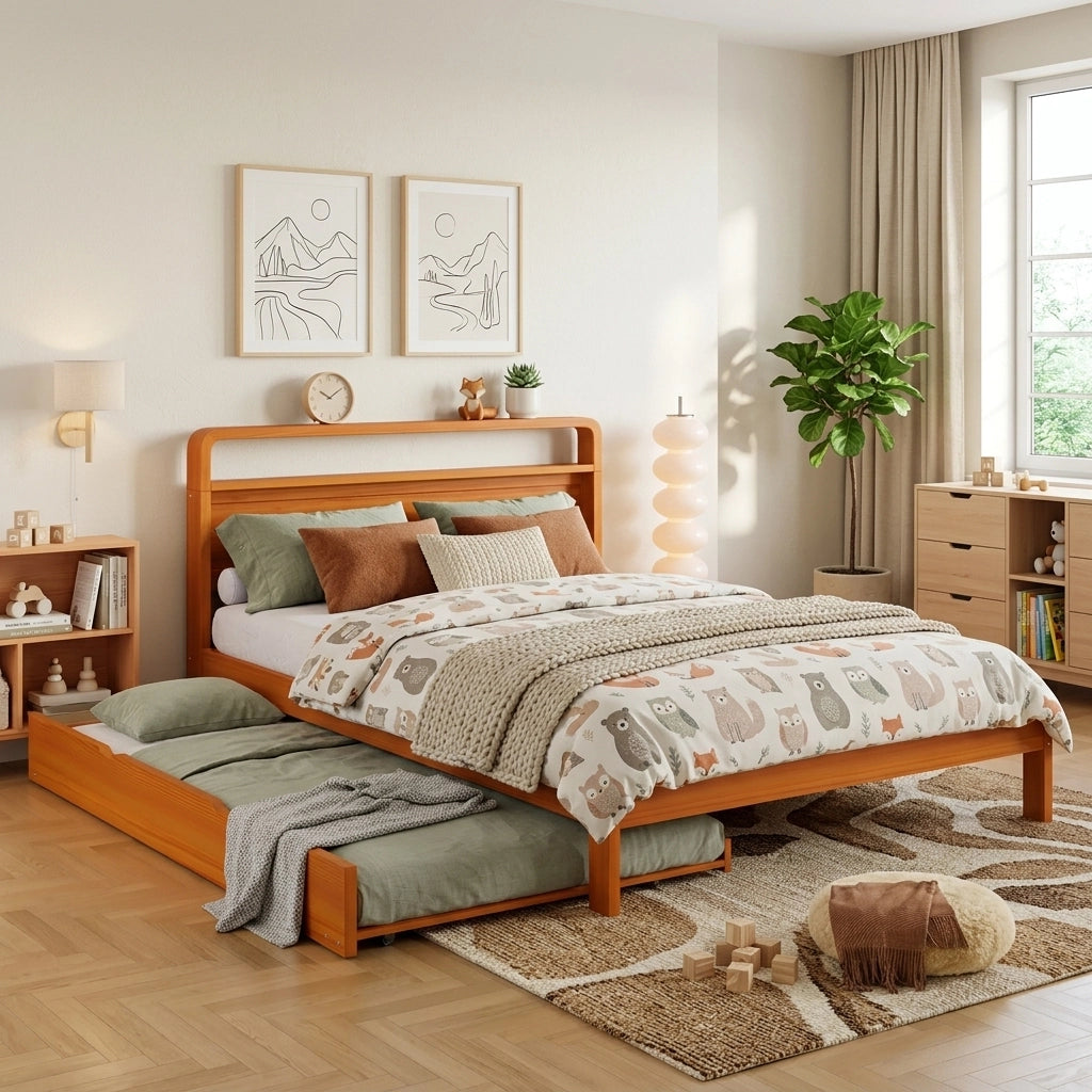 Letto in legno naturale 140x200 cm con letto estraibile 90x190 cm, soluzione 2 in 1 salvaspazio