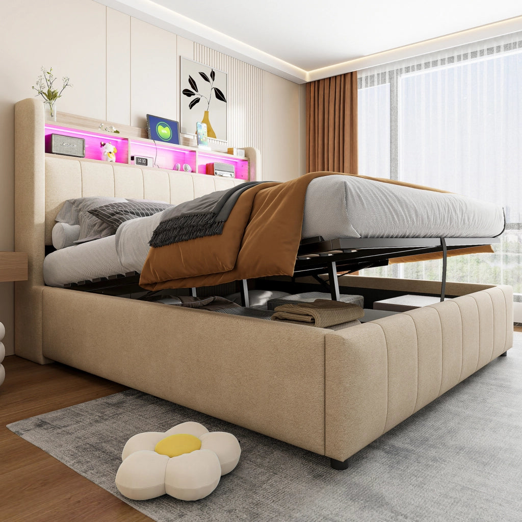 Letto imbottito 140x200 cm con LED, USB e contenitore idraulico