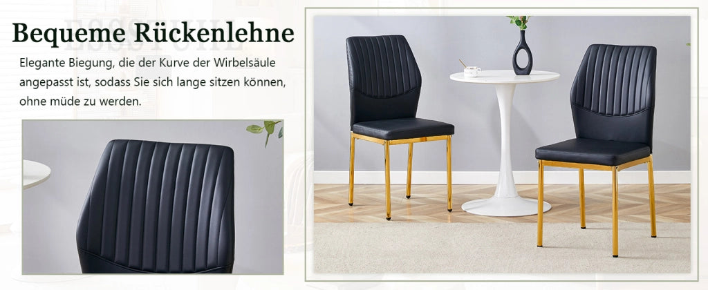 [Set di 4] Eleganti sedie da pranzo in stile lusso discreto: schienale in PU nero con goffratura verticale + gambe in metallo dorato, adatte a sale da