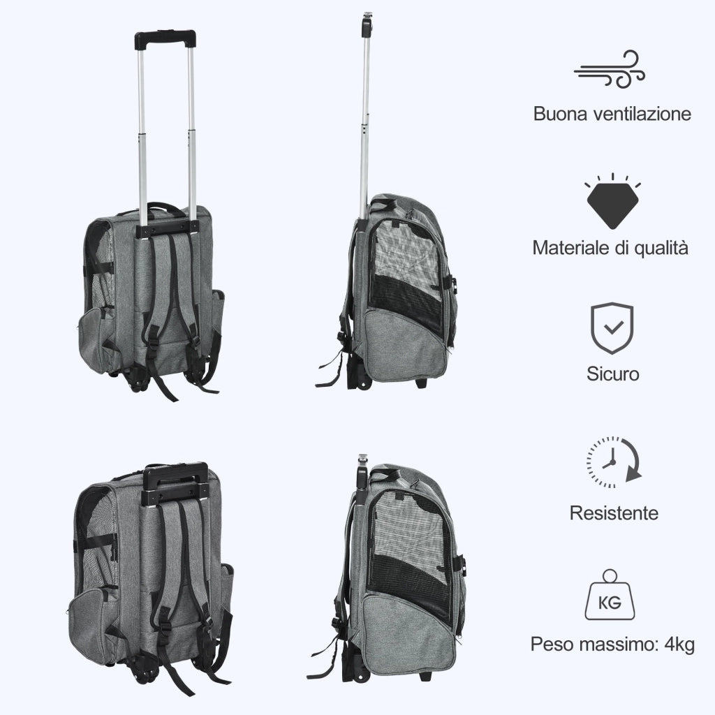 Trolley Zaino Trasportino per Cani e Gatti 42x25x55 cm in Oxford con Rete Traspirante Grigio
