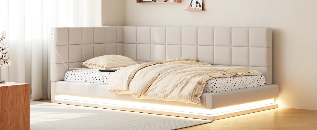 LETTO imbottito trasformabile 90x200 cm Beige con LED e USB