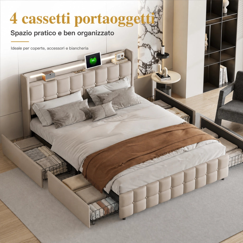 Letto matrimoniale 180x200 cm tessuto lino beige, testiera imbottita con luci RGB‑LED, porte USB, controllo app e telecomando, 4 cassetti contenitori su ruote, doghe in legno