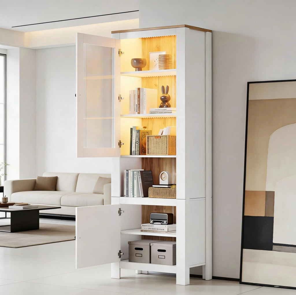 Vetrina alta con LED 70x40x188 cm; 2 ante; in pannello truciolare bianco e vetro