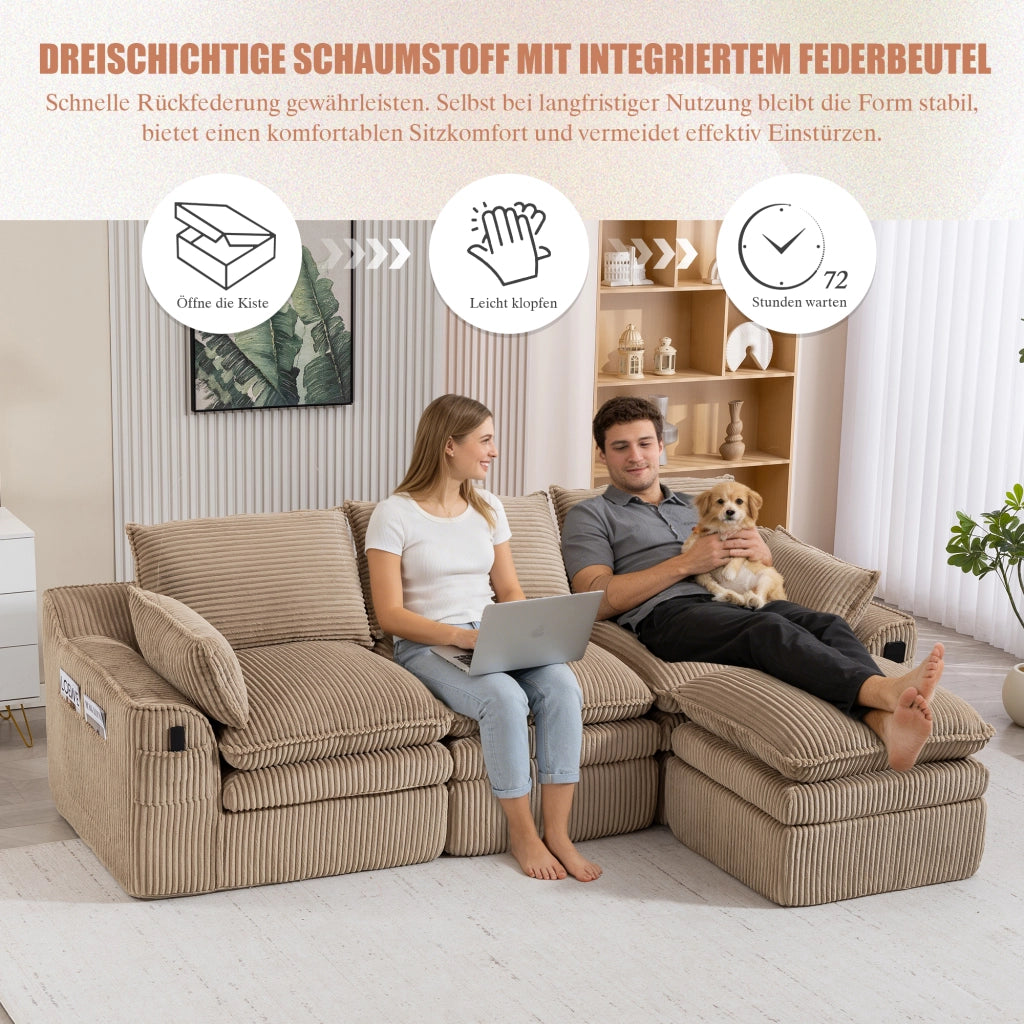 Divano modulare 3 posti con pouf; tasche laterali e cuscini in velluto a coste kaki