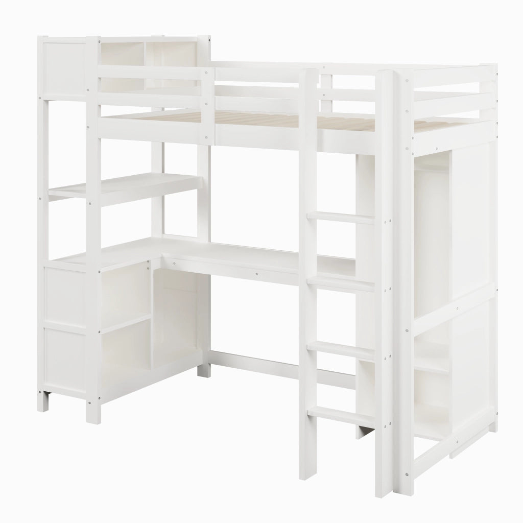 Letto a castello con scrivania e armadio - Zephmum - 90x200 cm, bianco, scaffali e ripiani