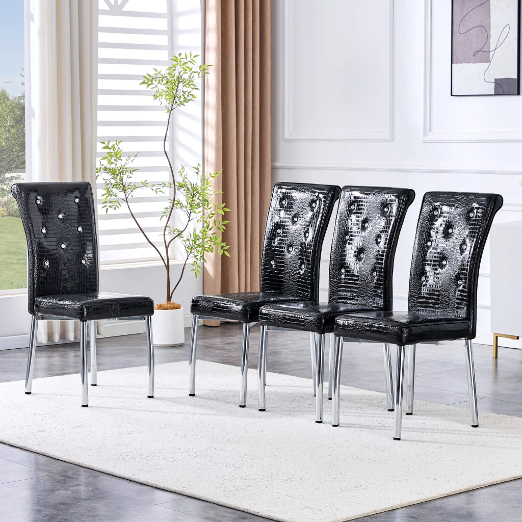 Sedie da pranzo, 2 pezzi in finta pelle effetto alligatore con bottoni in cristallo e gambe in metallo galvanizzato nero, 76 × 49,5 × 46 cm