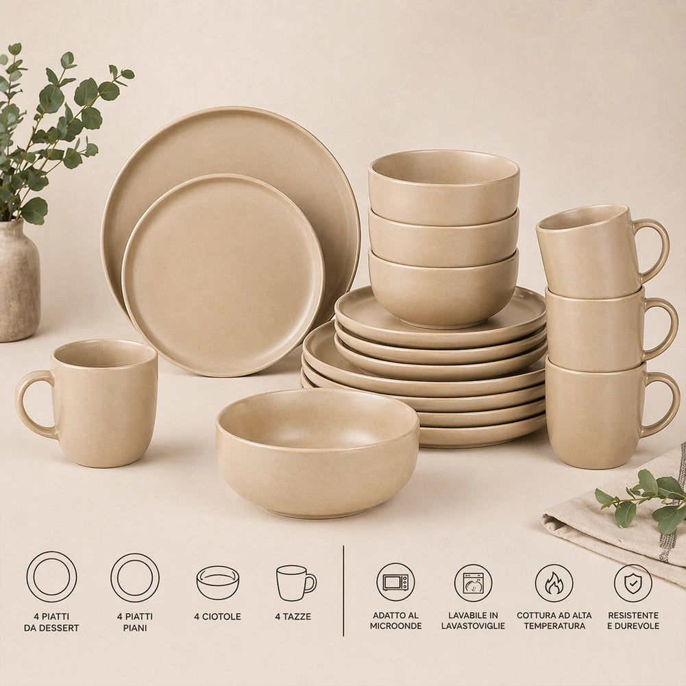 Servizio Piatti 16 Pezzi Design Moderno per 4 Persone in Gres Smaltato Sabbia