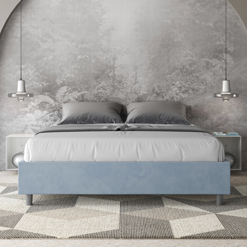 BS COM Letto queen size con rete imbottito 150x190 microfibra azzurro