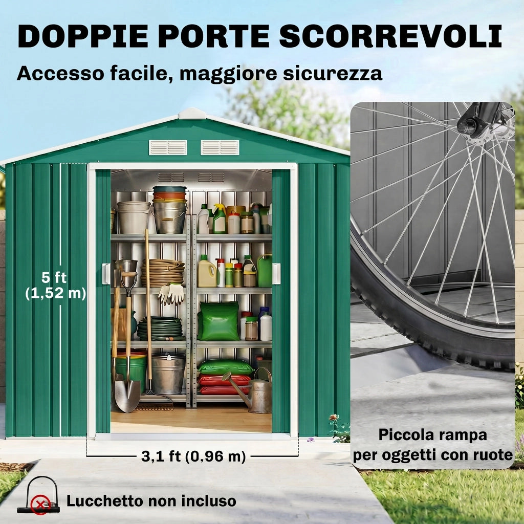 Casetta da Giardino in Lamiera con Porte Scorrevoli ¨C Minimal ¨C Verde 213x130x185cm
