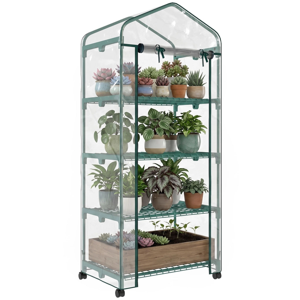 Serra da Giardino con Ruote e 4 Ripiani ¨C Zephmum ¨C Verde Trasparente 69x50x165cm