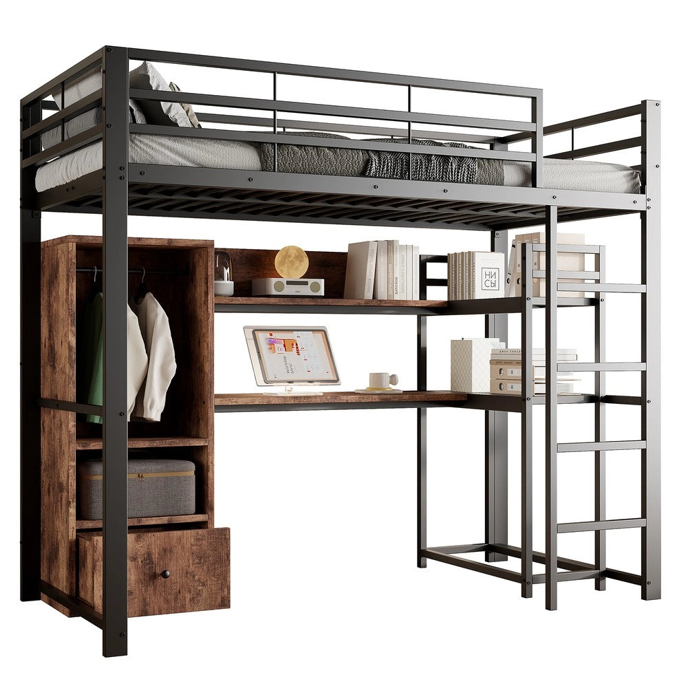 Letto a Soppalco con Scrivania e LED ¨C MINIMAL ¨C Metallo Nero 90x200, Cassetti, Rete a Doghe