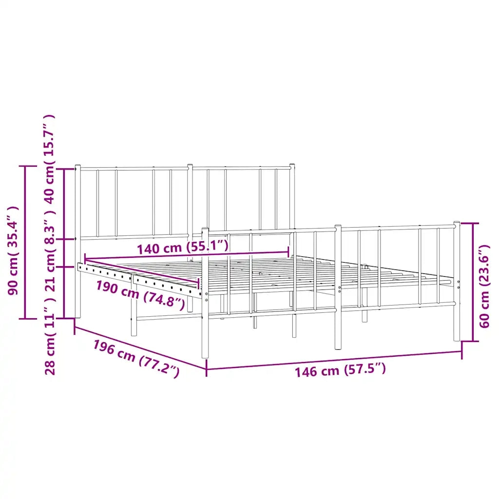 Letto matrimoniale | Letto per adulti | Giroletto con Testiera e Pediera Metallo Bianco 140x190 cm
