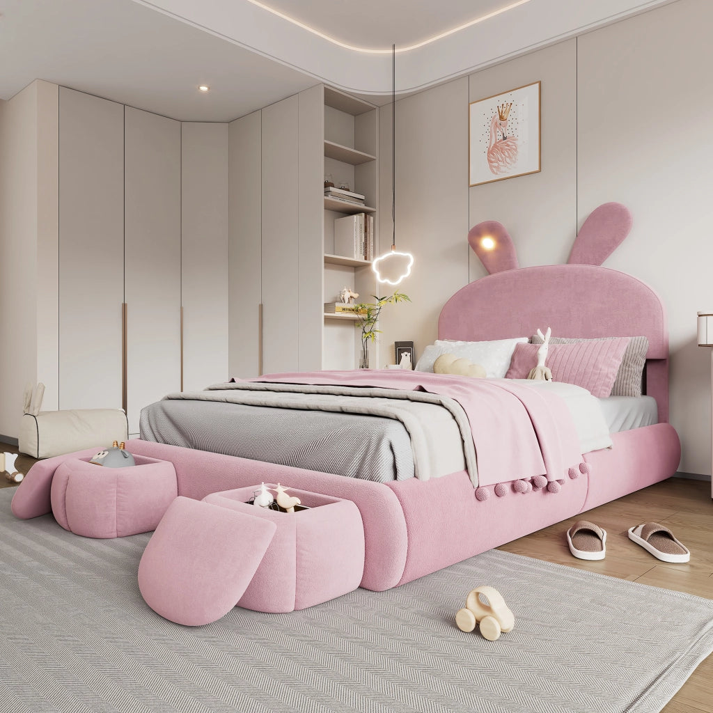 LETTO Imbottito idraulico 140x200 cm velluto rosa con contenitore e 2 pouf