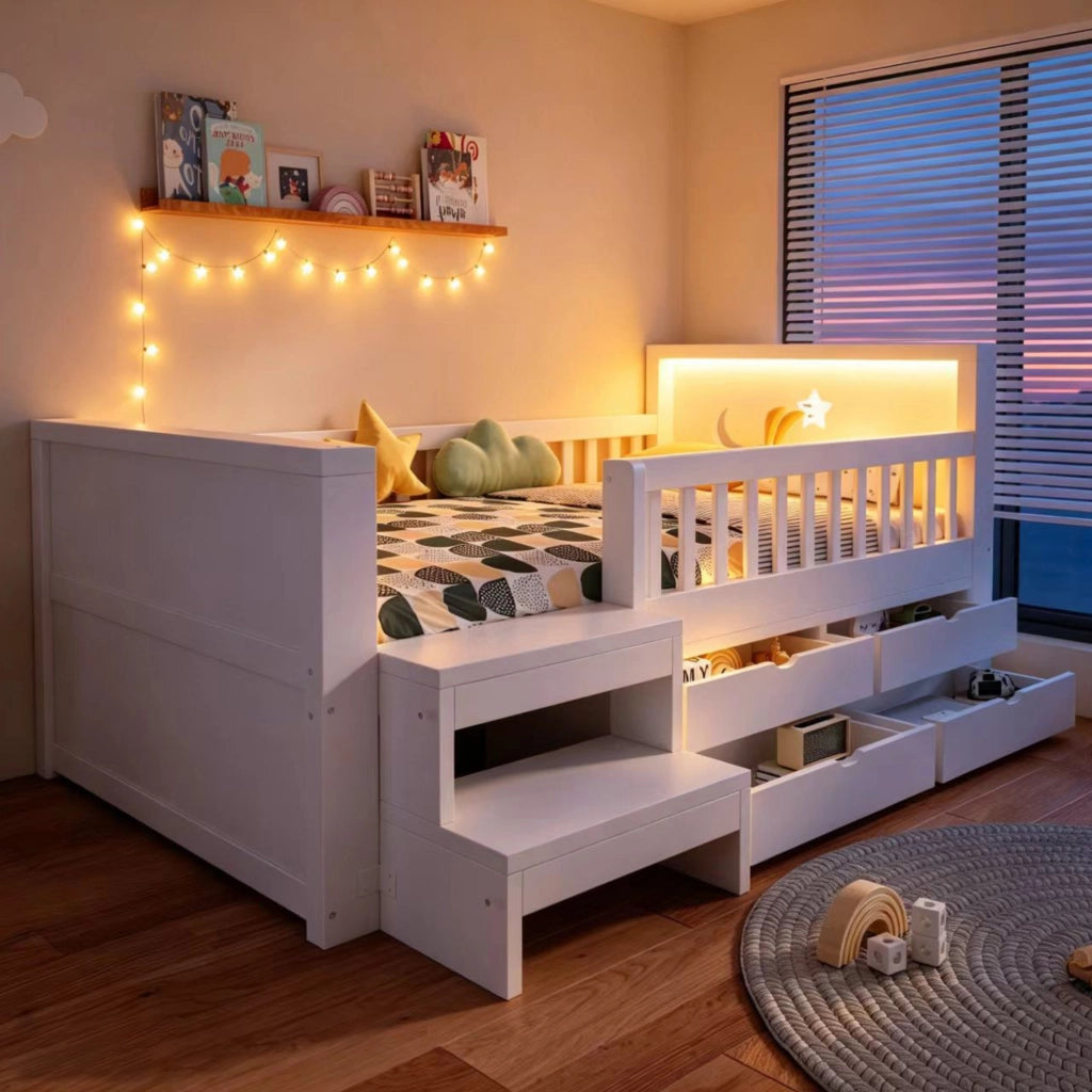 Letto singolo per bambini 90x200 cm con 4 cassetti; testiera stelle e luna; gradino; sponda e LED; legno bianco