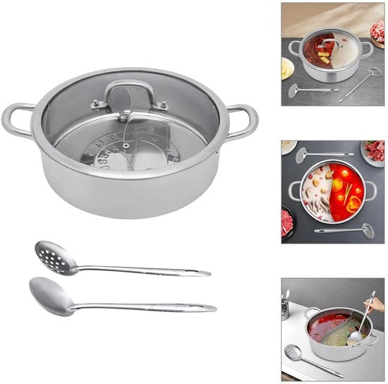 Pentola a Cottura 32cm con Parete Divisoria in Acciaio Inox 304, Coperchio in Vetro, Assemblaggio Facile per la Cucina, Restauro