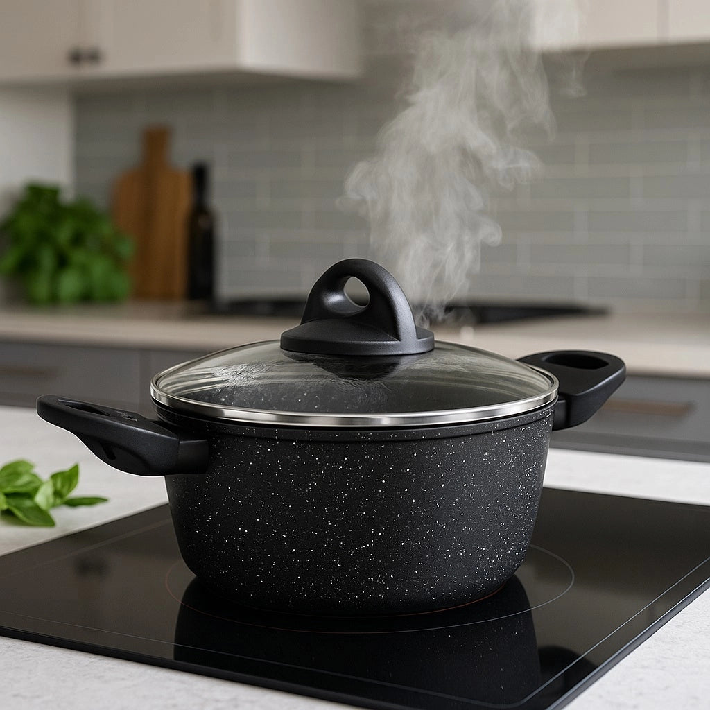 Set Pentole 6pz Pietra con Coperchio Magico Antiodore Casseruole 16 20 24 cm Induzione