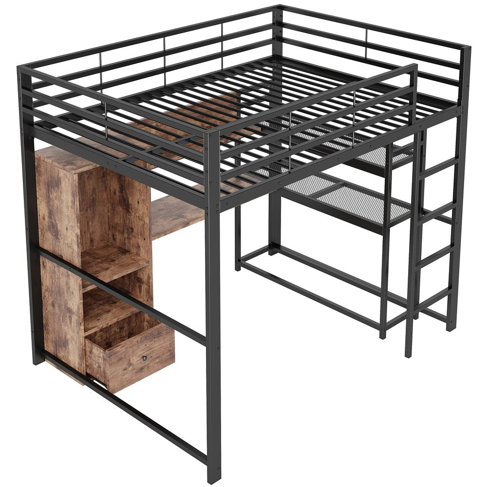 Letto a Soppalco con Scrivania e LED ¨C MINIMAL ¨C Metallo Nero 140x200cm