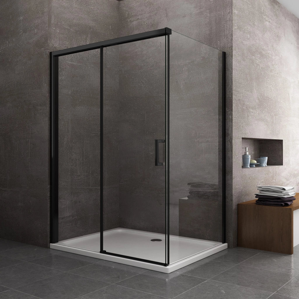 Box Doccia Ad Angolo Con Parete Fissa Laterale e Porta Frontale Con Chiusura Soft Close Ammortizzata H 200 8 MM Telaio Nero Opaco Cm 120 (118-120) x 140 (137-140)