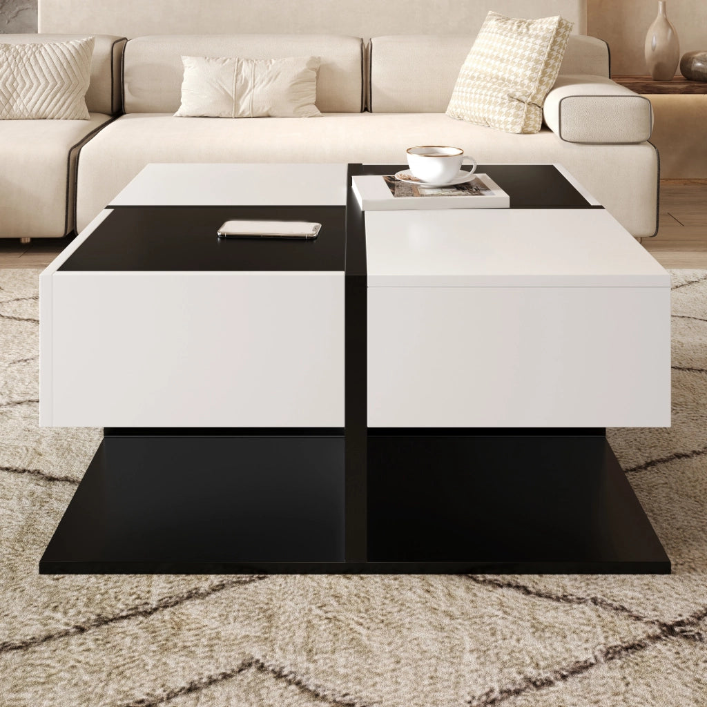 Tavolino basso quadrato con 2 cassetti e vano contenitore per soggiorno in pannello truciolare nero e bianco 70 × 70 × 35,5 cm