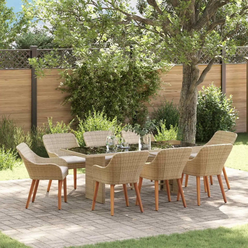 Set da Pranzo per Giardino con cuscino 9 pcs Beige polyrattan