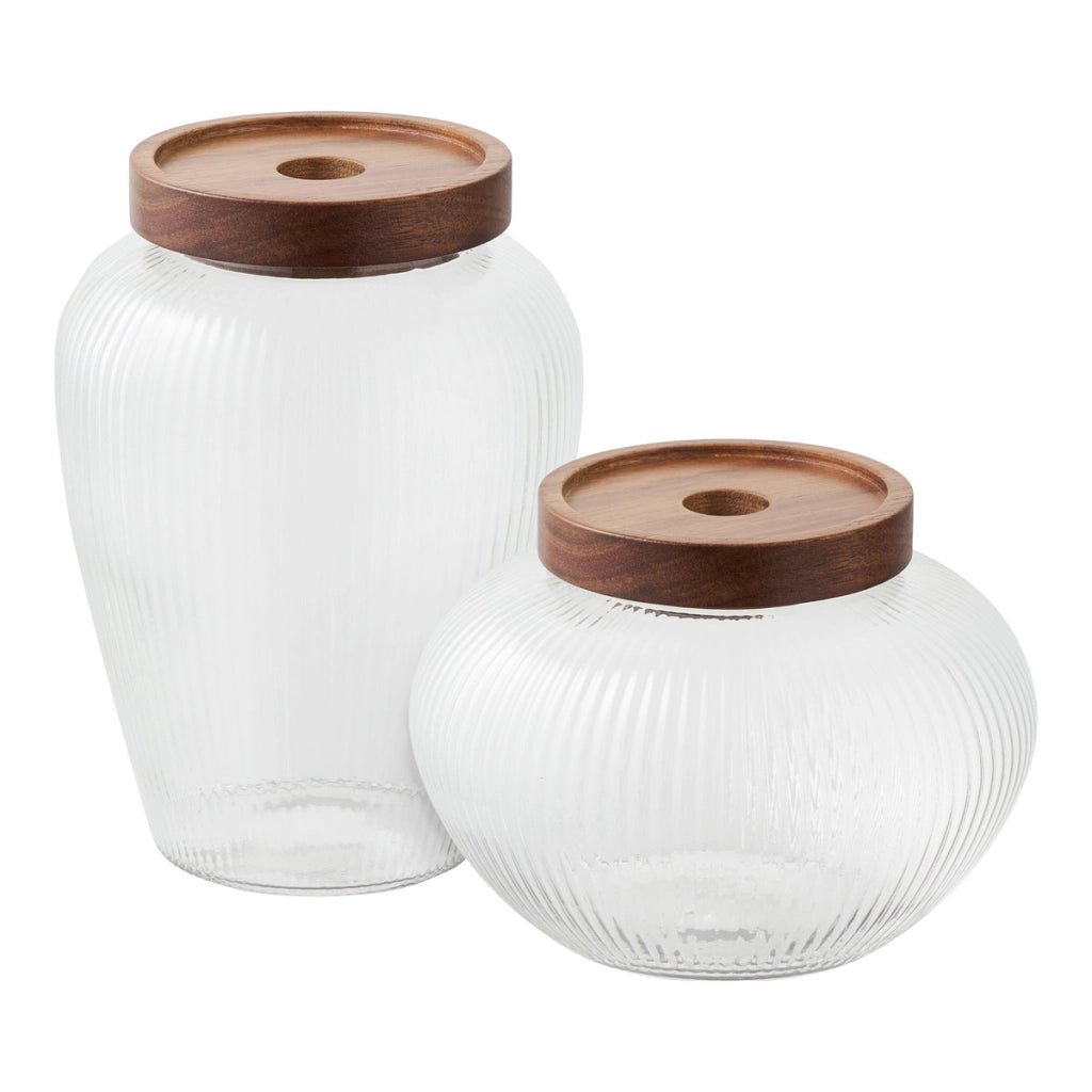 Barattoli Maya in vetro costolato e acacia — set da 2