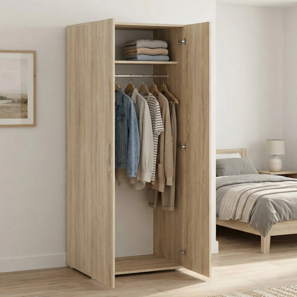 Guardaroba 2 ante Malvito, Mobile camera da letto, Cabina armadio portabiti, Armadio appendiabiti, 74x52 h179 cm, Rovere